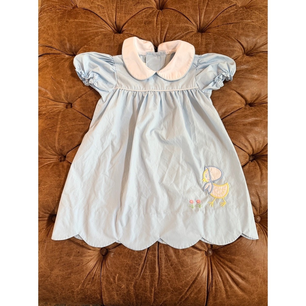 Beaufort Bonnet Company Blue Embroidered Chick Peter Pan Collar Dress Scallop 3T